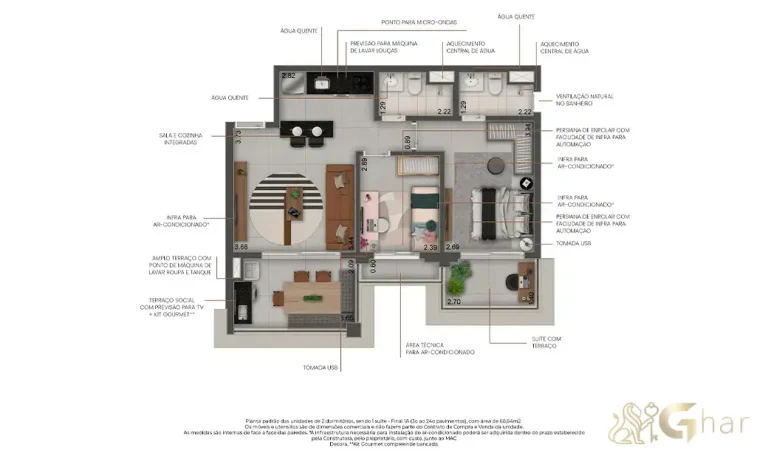 Planta inteligente do apartamento de 2 dormitórios com 1 suíte e 68 m² no Máden Vila Madalena