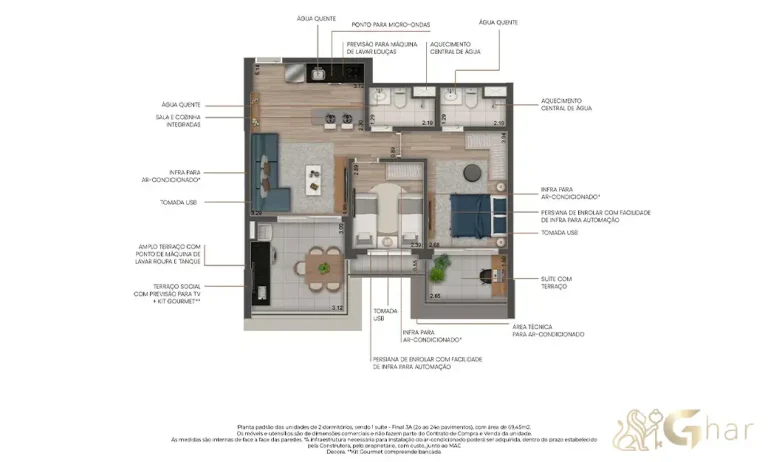 Planta do apartamento de 2 dormitórios com 1 suíte e 69 m² no Máden Vila Madalena