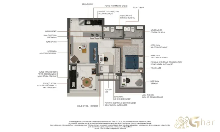 Planta funcional do apartamento de 2 dormitórios com 1 suíte e 69 m² no Máden Vila Madalena