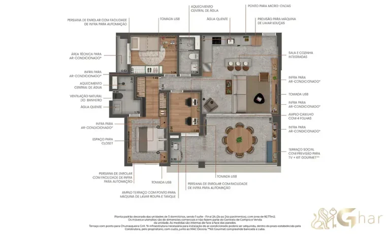 Planta do apartamento de 2 dormitórios com 1 suíte e 92 m² no Máden Vila Madalena