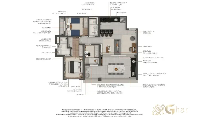 Planta do apartamento de 3 dormitórios com 1 suíte e 91 m² no Máden Vila Madalena