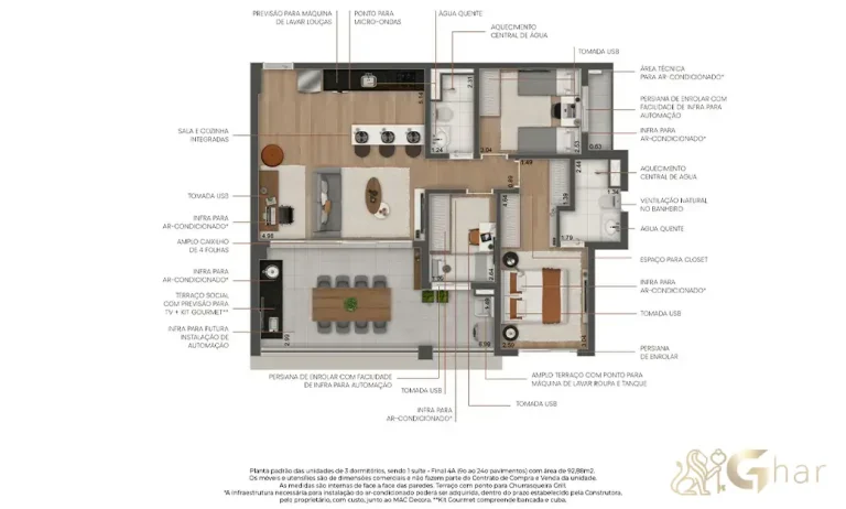 Planta do apartamento de 3 dormitórios com 1 suíte e 92 m² no Máden Vila Madalena