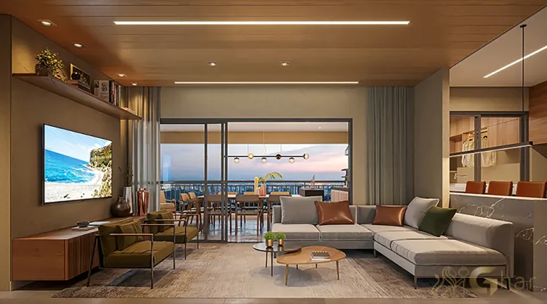 Living do apartamento decorado de 128 m² no Madre 914 Mooca com ambientes integrados