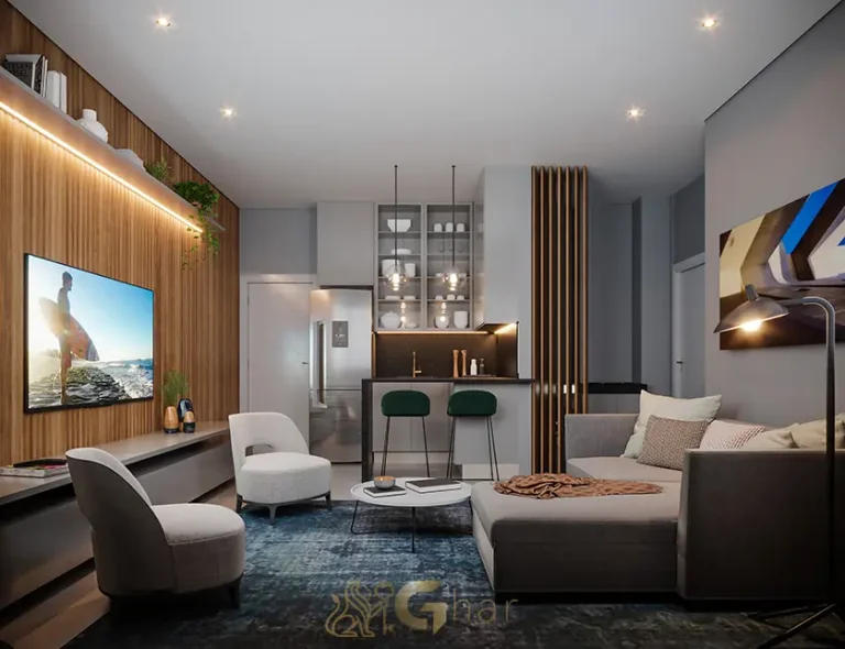 Outro ângulo do studio decorado de 38 m² no Madre 914 Mooca, com design moderno