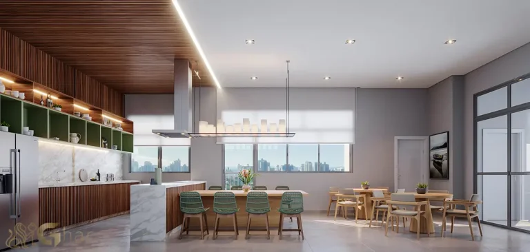 Espaço gourmet do condomínio Madre 914 Mooca com ambiente moderno e integrado