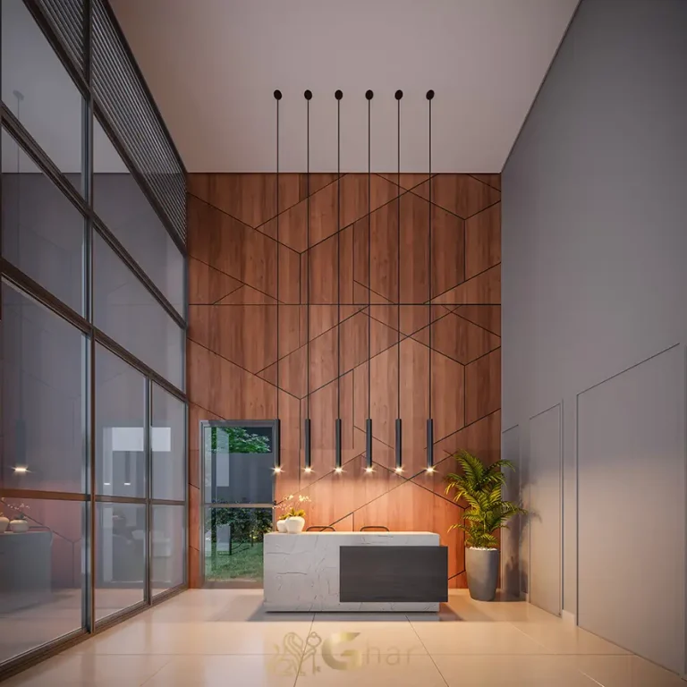 Hall social do condomínio Madre 914 Mooca com acabamento sofisticado e design contemporâneo