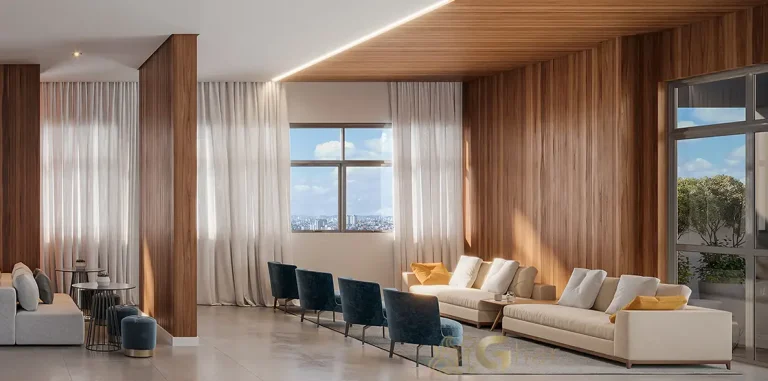 Área interna do salão de festas do condomínio Madre 914 Mooca com layout moderno