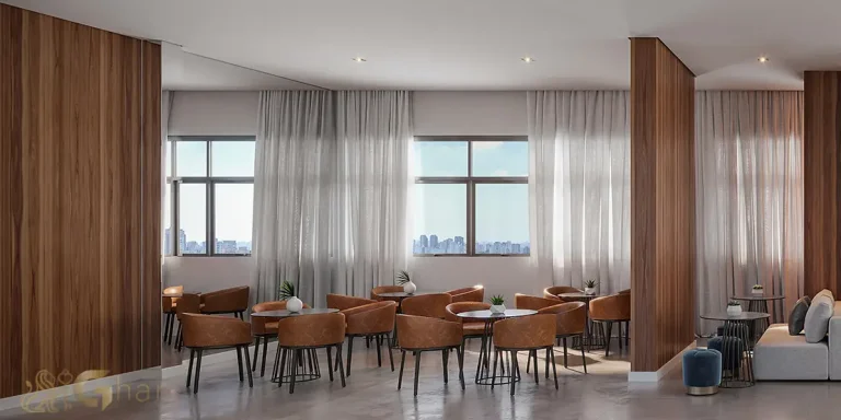 Salão de festas do Madre 914 Mooca com espaço amplo e acabamento sofisticado