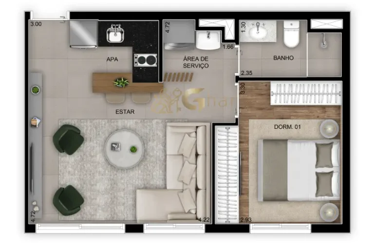 Planta do apartamento de 1 dormitório com living ampliado e 38 m² no Madre 914 Mooca