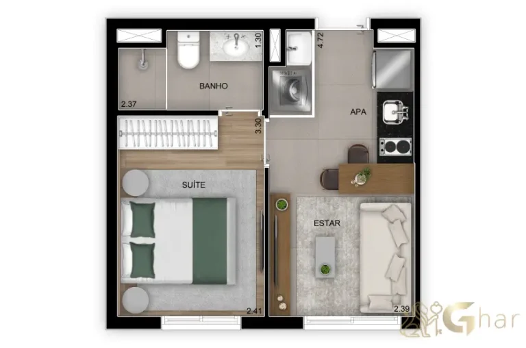 Planta do apartamento de 1 suíte com 26 m² no Madre 914 Mooca