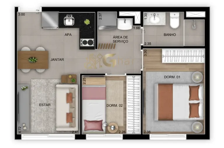 Planta do apartamento de 2 dormitórios com 38 m² no Madre 914 Mooca