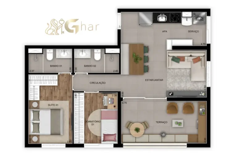 Planta do apartamento de 2 dormitórios com 67 m² no Madre 914 Mooca