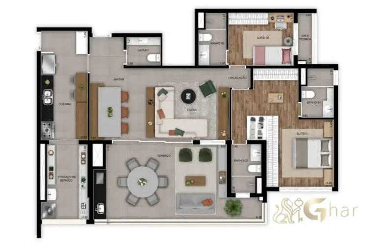 Planta do apartamento de 2 suítes e 128 m² no Madre 914 Mooca