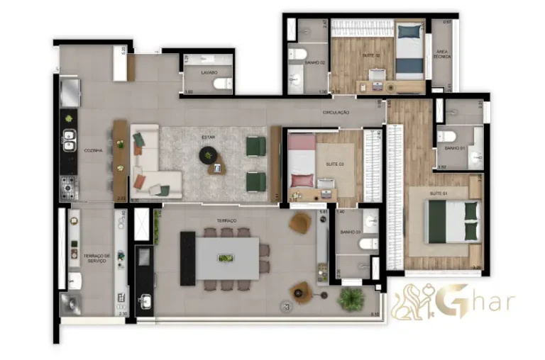 Planta do apartamento de 3 suítes e 128 m² no Madre 914 Mooca