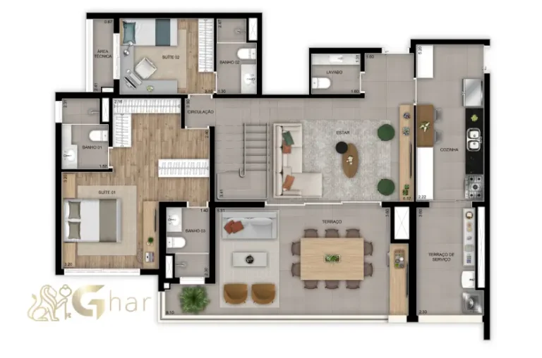 Planta do apartamento duplex inferior de 3 suítes e 245 m² no Madre 914 Mooca