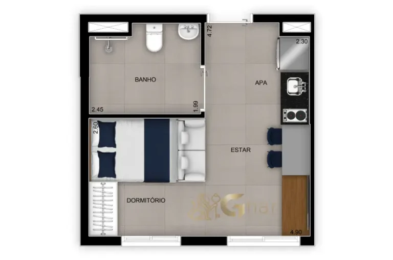 Planta do studio de 25 m² no Madre 914 Mooca