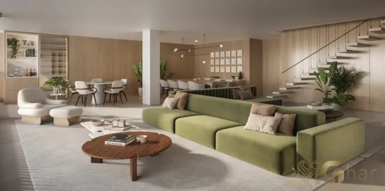 Sala de estar do apartamento decorado de 284 m² no Monã The Grand Lodge, projetada para oferecer conforto, elegância e excelente aproveitamento dos espaços em Moema, São Paulo.