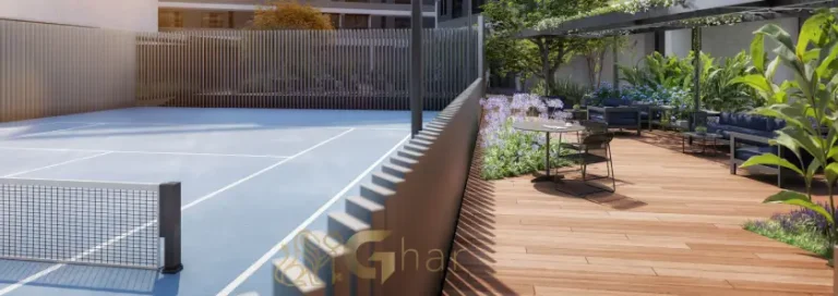 Lounge da quadra de tênis do condomínio Monã The Grand Lodge em Moema