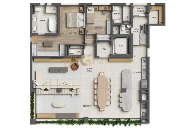 Planta do apartamento 172 m² com 2 suítes e living ampliado no Monã The Grand Lodge