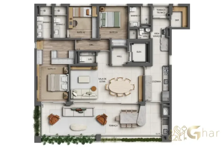 Planta do apartamento 172 m² com 3 suítes no Monã The Grand Lodge em Moema
