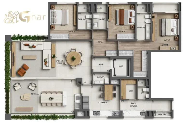 Planta do apartamento 191 m² com 3 suítes no Monã The Grand Lodge