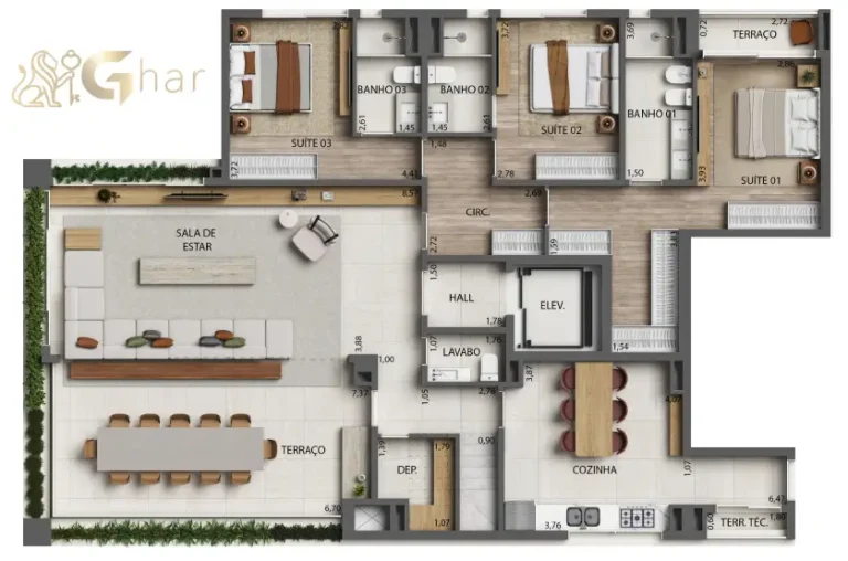 Planta do apartamento duplex inferior 380 m² com 3 suítes no Monã The Grand Lodge