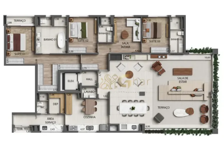 Planta do apartamento 241 m² com 3 suítes e living integrado no Monã The Grand Lodge