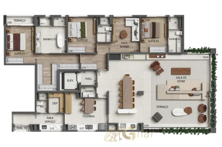 Planta alternativa do apartamento 241 m² com 3 suítes no Monã The Grand Lodge