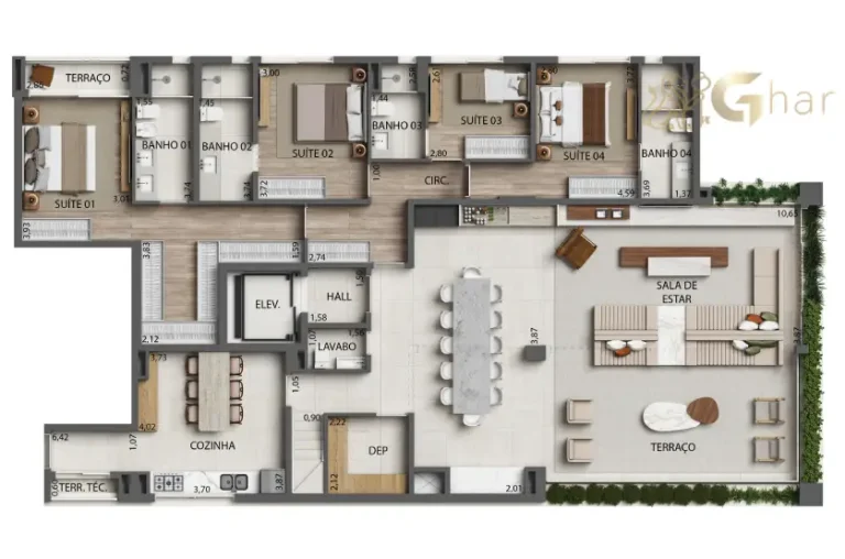 Planta do apartamento duplex inferior 475 m² com 4 suítes no Monã The Grand Lodge