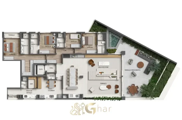 Planta do apartamento garden 323 m² com 4 suítes no Monã The Grand Lodge
