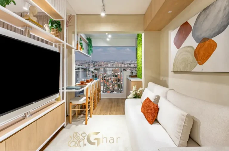 Living do apartamento decorado de 32 m² no Oásis Condomínio Clube