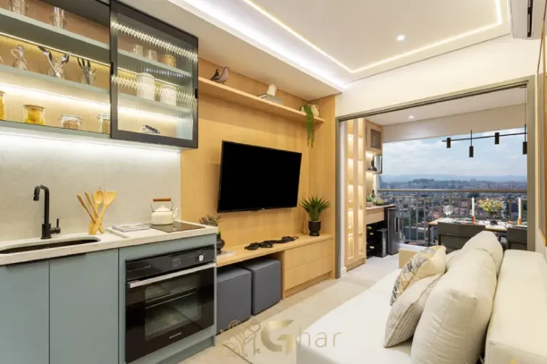 Living do apartamento decorado de 48 m² no Oásis Condomínio Clube