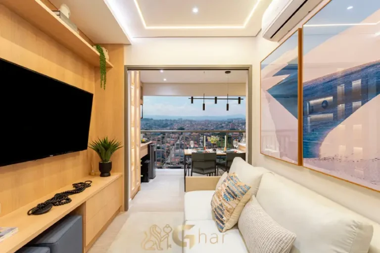 Detalhe do living do apartamento decorado de 48 m² no Oásis Condomínio Clube