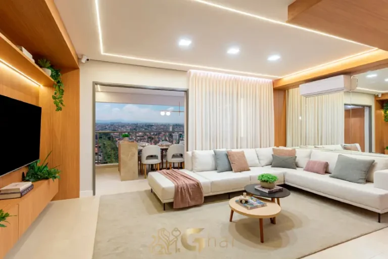 Living do apartamento decorado de 94 m² no Oásis Condomínio Clube