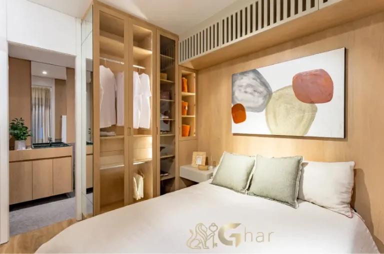 Suíte do apartamento decorado de 32 m² no Oásis Condomínio Clube