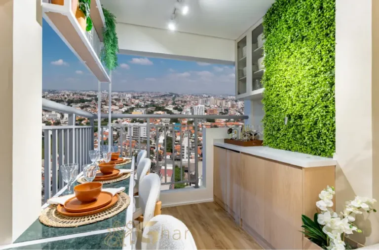 Terraço do apartamento decorado de 32 m² no Oásis Condomínio Clube