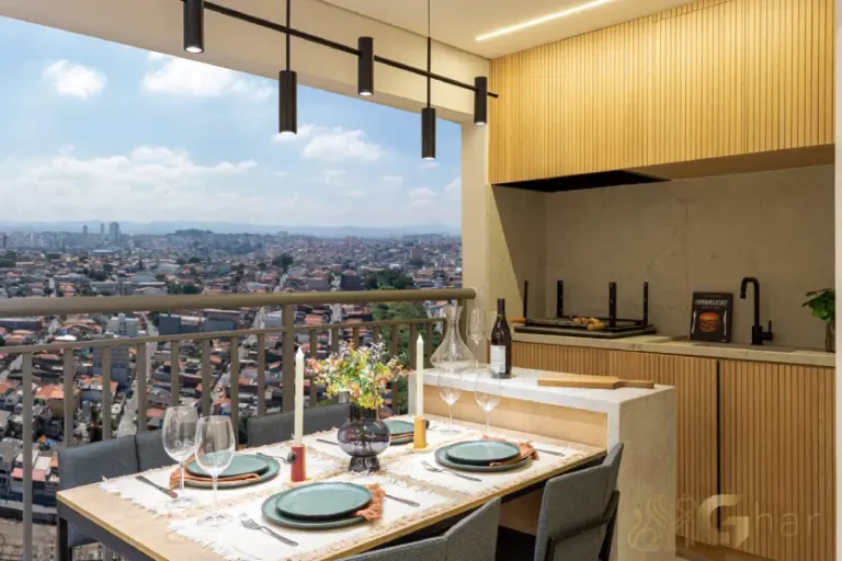 Terraço gourmet do apartamento decorado de 48 m² no Oásis Condomínio Clube