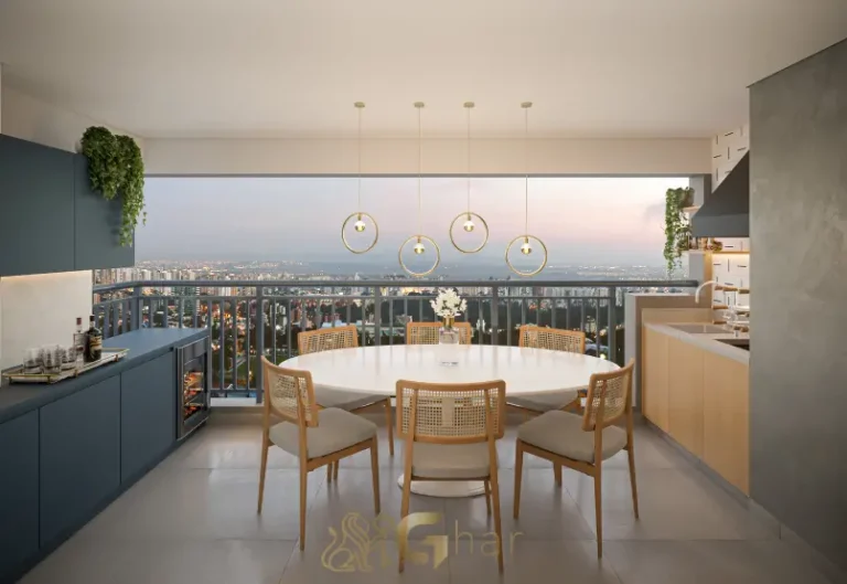 Terraço gourmet do apartamento decorado de 69 m² no Oásis Condomínio Clube