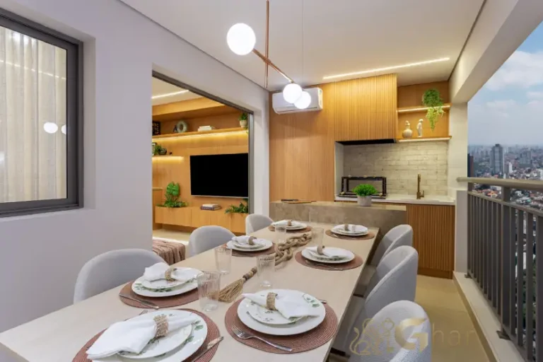 : Terraço gourmet do apartamento decorado de 94 m² no Oásis Condomínio Clube