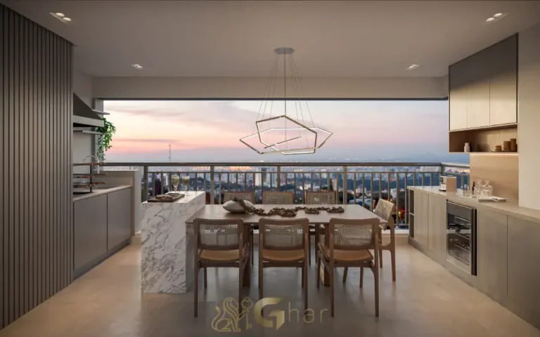 Detalhe do terraço gourmet do apartamento decorado de 94 m² no Oásis Condomínio Clube