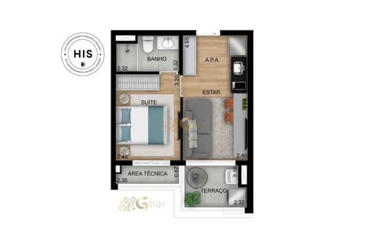 Planta do apartamento de 1 suíte e 32 m² no Oásis Condomínio Clube