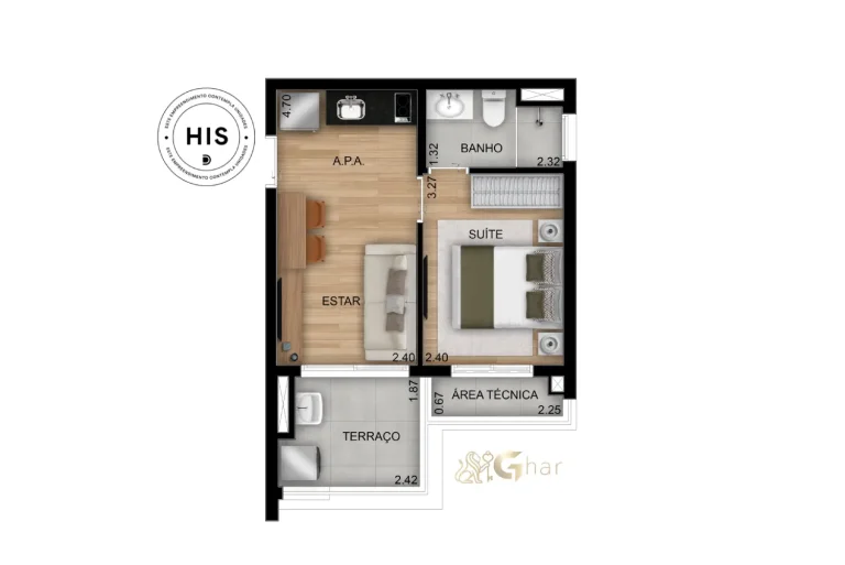 Planta do apartamento de 1 suíte e 34 m² no Oásis Condomínio Clube