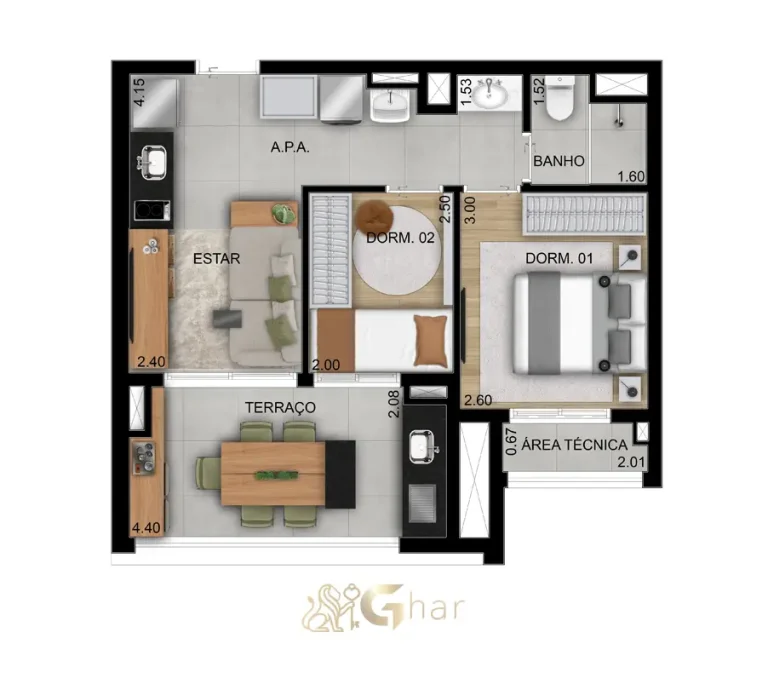 Planta do apartamento de 2 dormitórios e 48 m² no Oásis Condomínio Clube