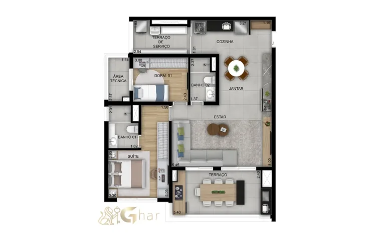 Planta do apartamento de 2 dormitórios e 94 m² no Oásis Condomínio Clube