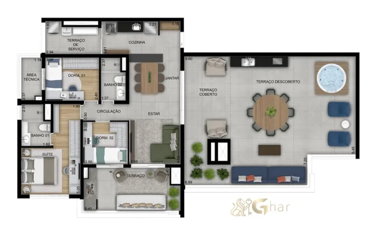 Planta do apartamento de 3 dormitórios com 1 suíte e 163 m² no Oásis Condomínio Clube