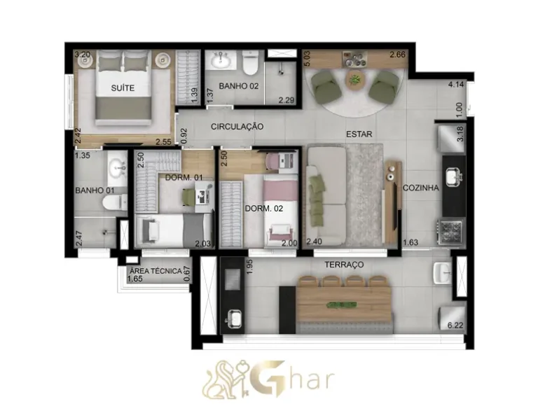 Planta do apartamento de 3 dormitórios com 1 suíte e 69 m² no Oásis Condomínio Clube