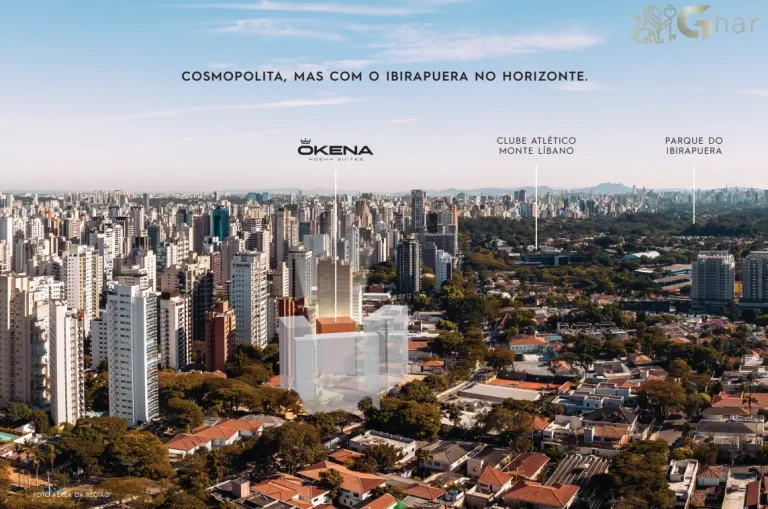 Vista aérea da fachada do Okena Moema Suítes em Moema