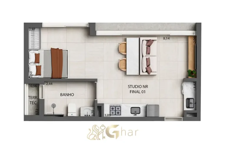 Planta de studio 37m² do Okena Moema Suítes em Moema