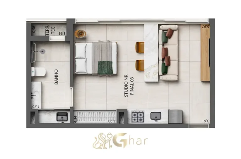 Planta studio 37m² final 3 do Okena Moema Suítes