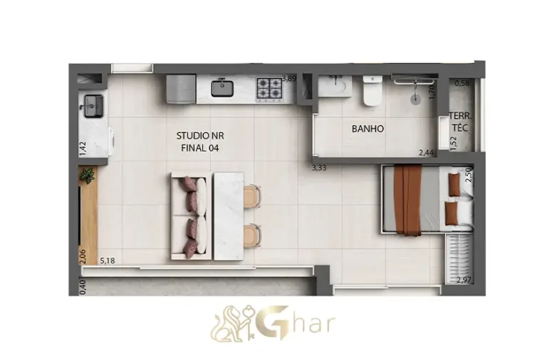 Planta studio 37m² final 4 no Okena Moema Suítes